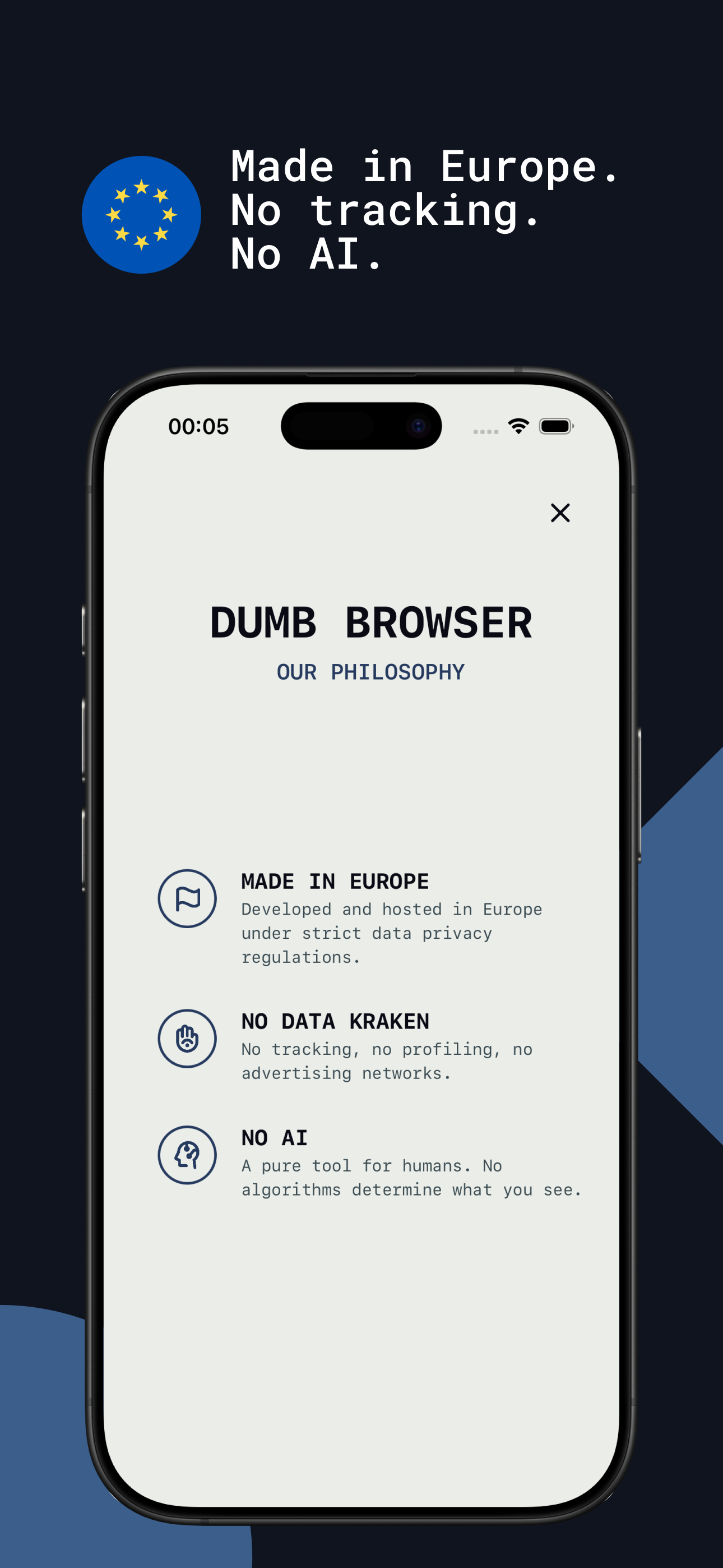 Screenshot: Made in Europe. No tracking. No AI.