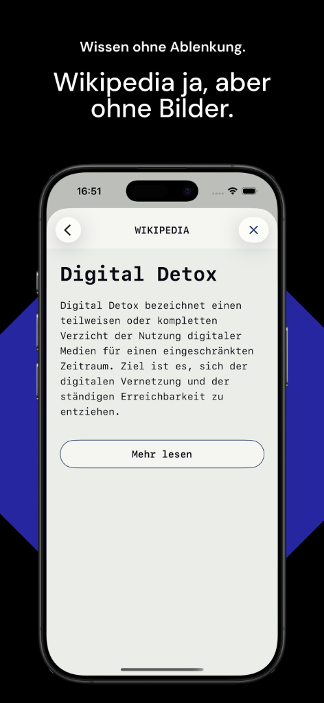 Screenshot: Wissen ohne Ablenkung. Wikipedia ja, aber ohne Bilder.