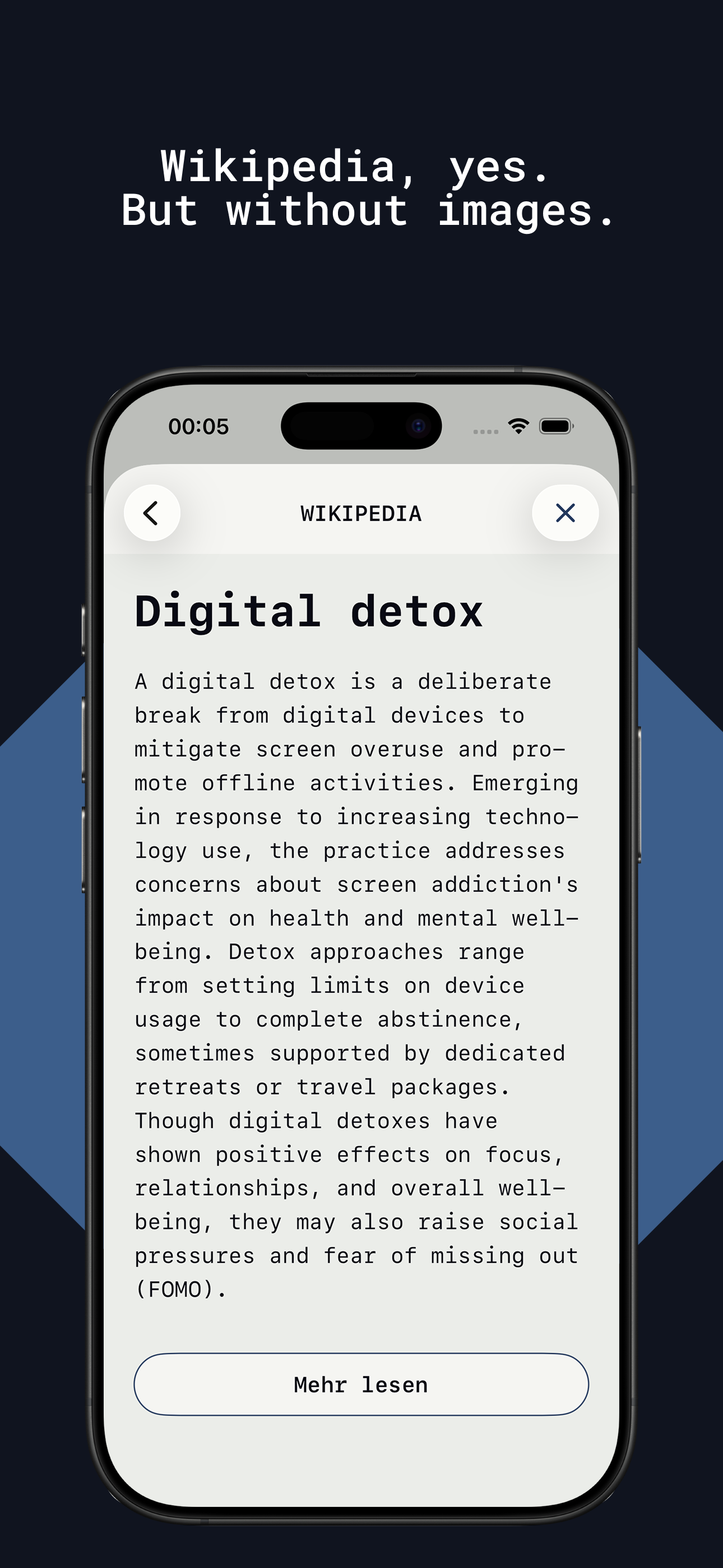 Screenshot: Knowledge without distraction. Wikipedia, yes, but without images.